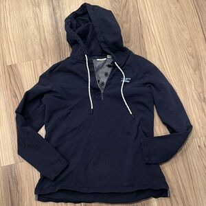 L.L. Bean Navy 1/4 Button thin cotton sweatshirt with drawstring hood medium